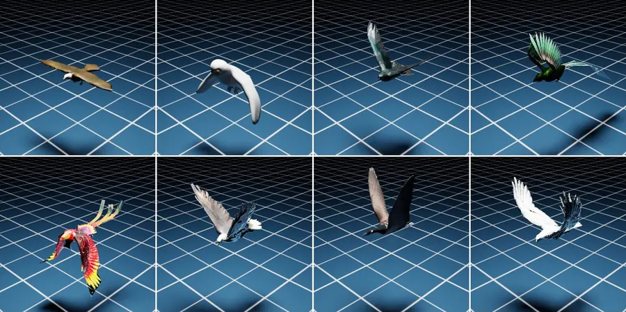 Eight of the bird assets, wings mid-beat, on the acquisition stage