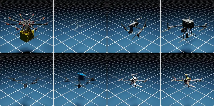 Eight of the drone assets, racing quadcopters to a payload octocopter, on the acquisition stage